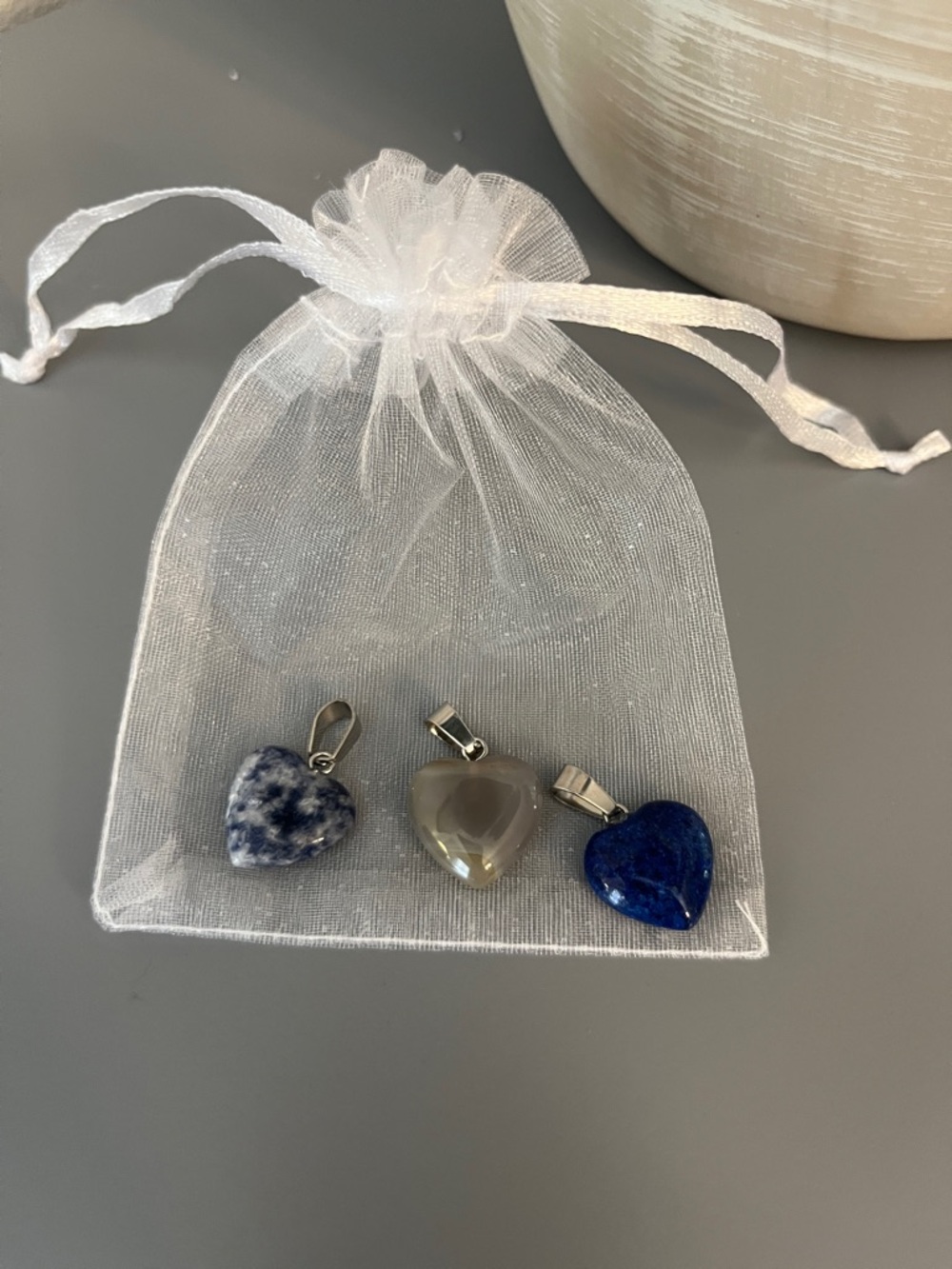 Heart Shape Stone Pendant Trio Blue, Gray & Speckled Hearts 925 Sterling Silver